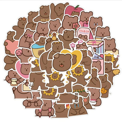 50 pieces of cute cartoon animal bear decorative style graffiti stickers, personalized, fashionable and creative DIY exquisite decorative decal cups, helmets, skateboards and popular sticker toys