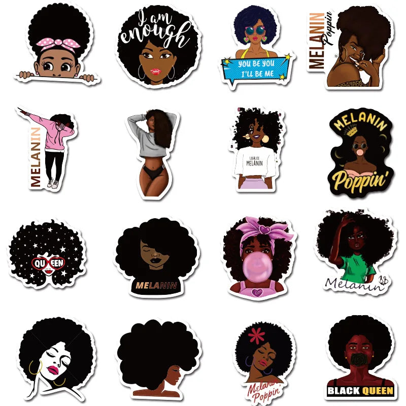 50PCS Inspirational Black Girl Melanin Poppin Sticker Graffiti Luggage Trolley Notebook Cup Interior Decoration Sticker