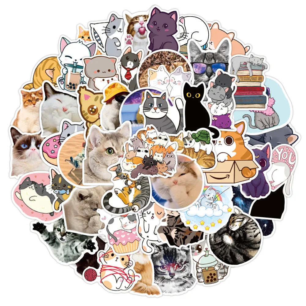 50PCS of cute cartoon pet cat decorative style graffiti stickers, personalized, fashionable and creative DIY exquisite decorative decal cups, helmets, skateboard popular sticker toys