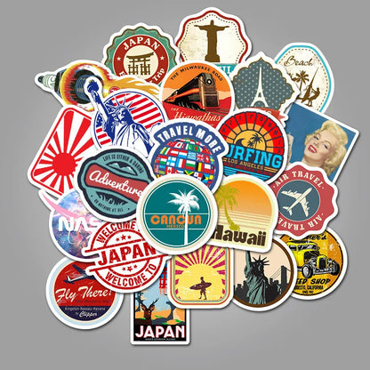 50PCS New Retro Fashion Travel Travel Stickers Skateboard Notebook Car Trolley Suitcase Waterproof Stickers