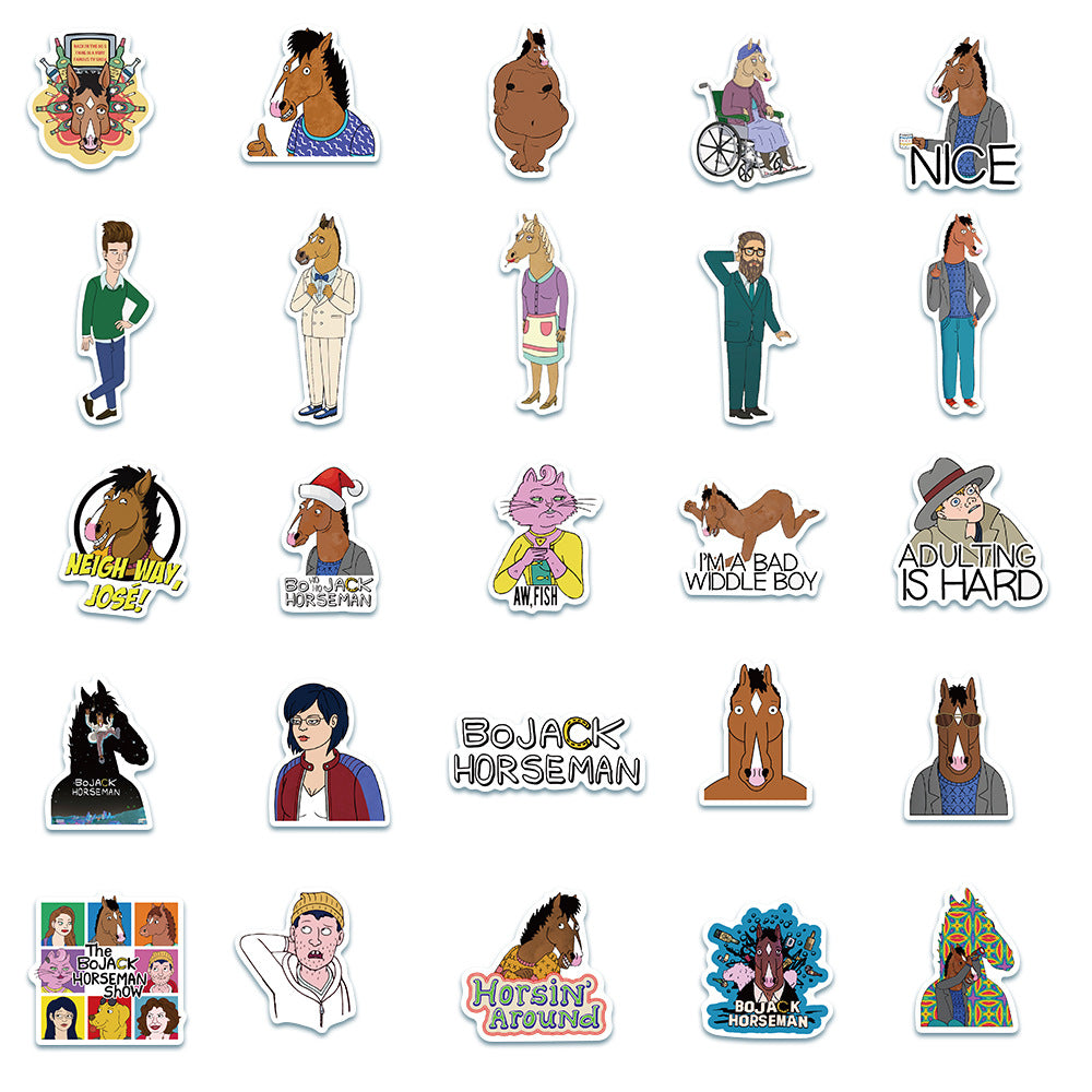 50PCS BoJack Horseman TV Anime Doodle Stickers - Exquisite, Stylish, Creative DIY Decor for Notebooks, Stickers for Water Bottles, Helmets, Skateboards, Stationery Boxes, and Desktops