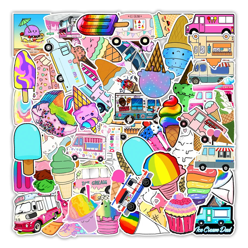 50 pieces of summer cartoon ice cream graffiti stickers, personalized DIY phone cases, laptops, planners, water bottles and cups, decorative sticker toys