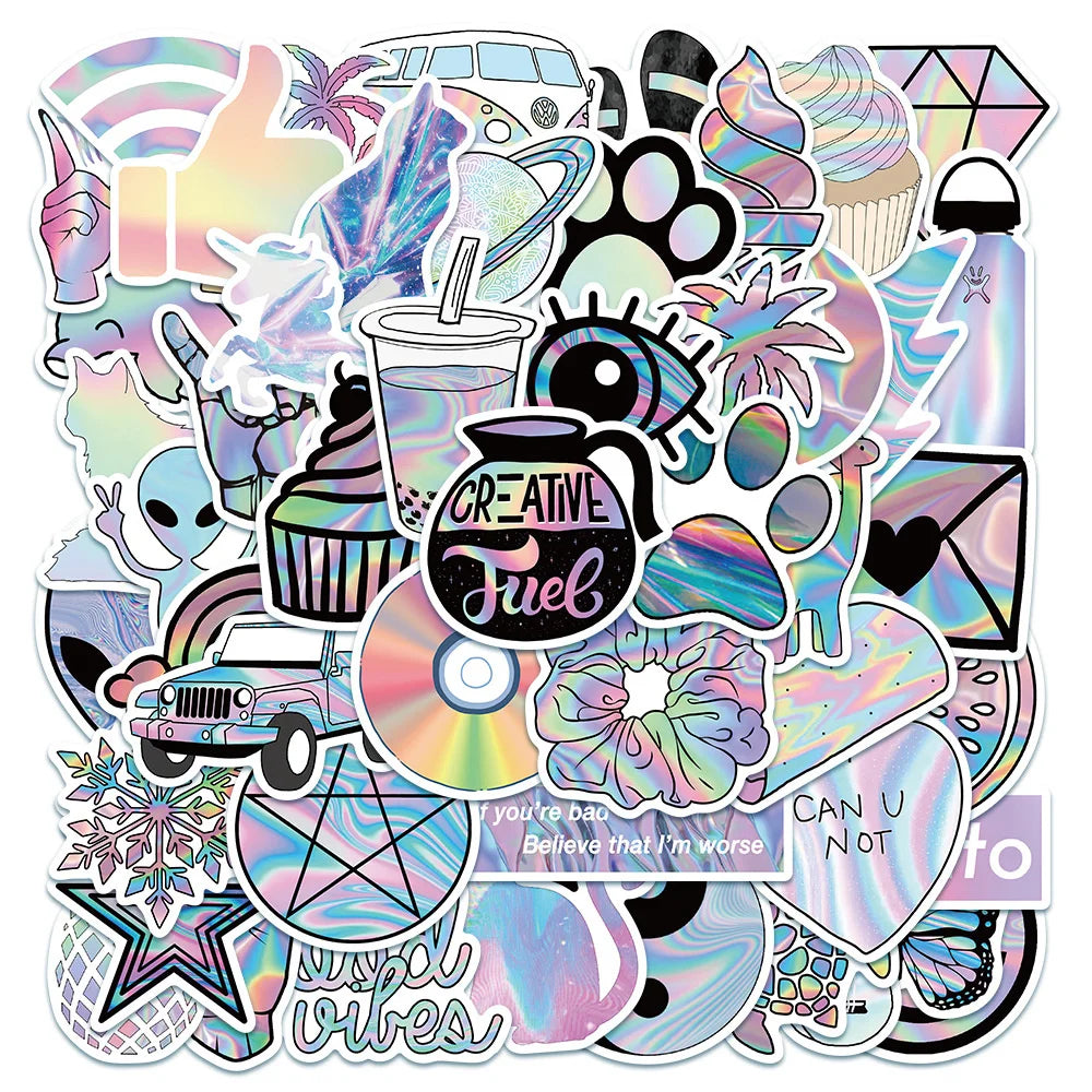 50PCS Holographic Laser Flash Graffiti Trolley Case Scooter Refrigerator Water Cup Waterproof Children's Sticker