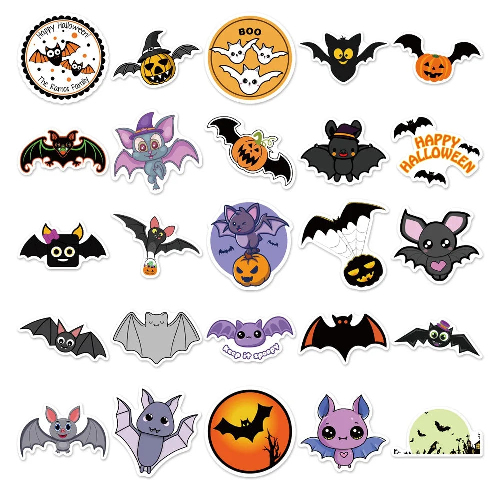 50PCS Art Illustration Popular Creative Cute Cartoon Halloween Bat Decoration Style Graffiti Stickers Personality Fashion Creative DIY Exquisite Decorative Decals For Cups, Helmets, Skateboards Popular Stickers Toys