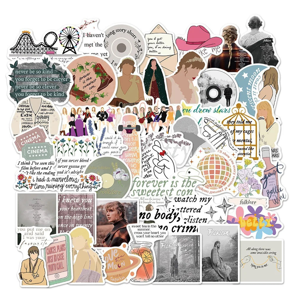 50PCS Mildew Taylor Swift Album Folklore Evermore Graffiti Decoration Suitcase Guitar Decoration