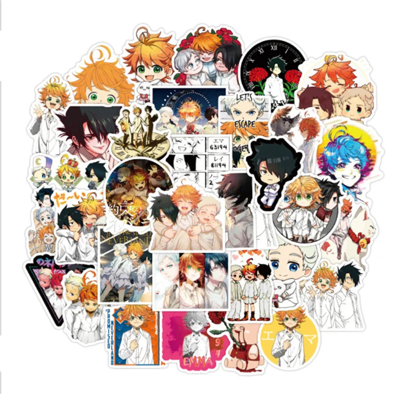50PCS New Anime Promise Neverland Laptop Luggage Skateboard Helmet Guitar Waterproof Graffiti Decoration Toy