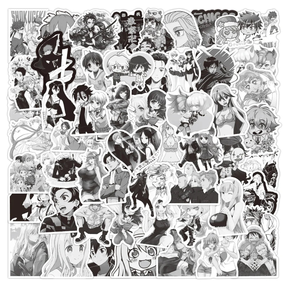 50PCS New Black and White Anime Graffiti Stickers Waterproof Luggage Laptop Scooter Water Cup Stickers