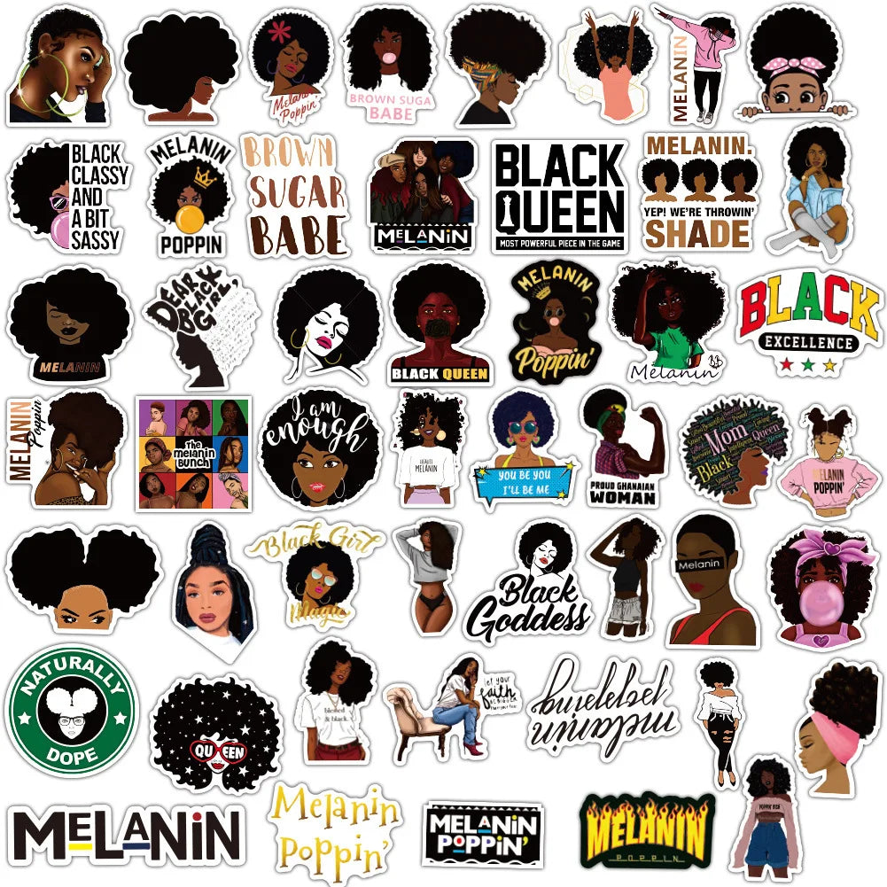 50PCS Inspirational Black Girl Melanin Poppin Sticker Graffiti Luggage Trolley Notebook Cup Interior Decoration Sticker