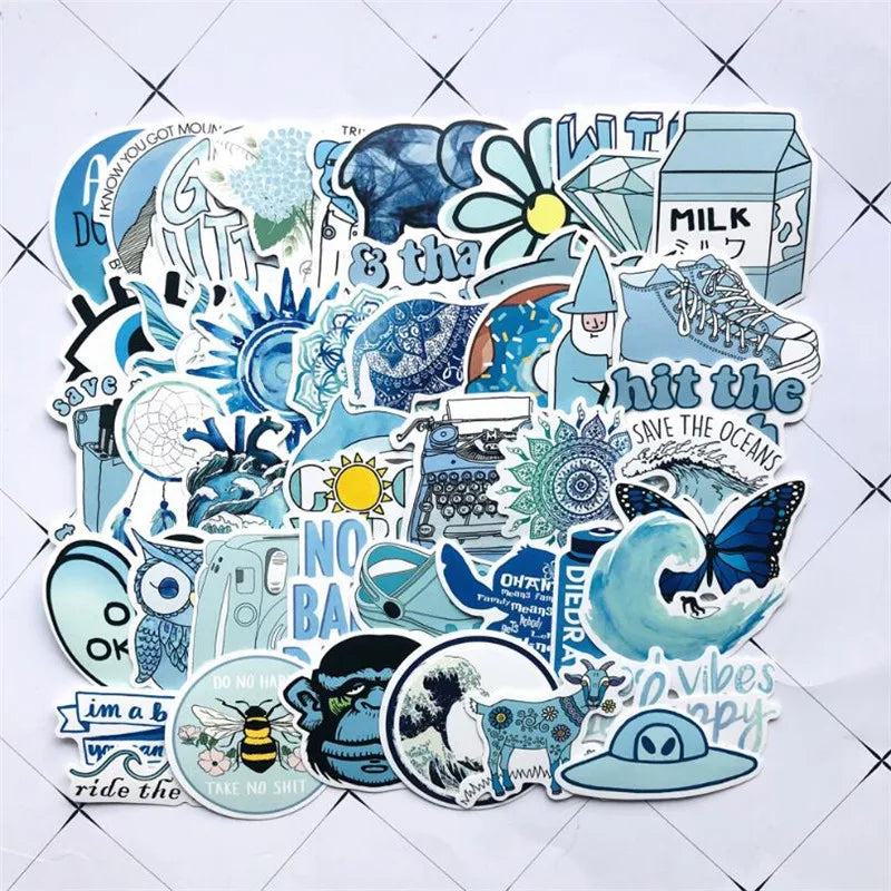 50PCS blue fresh girl toy notebook mobile phone laptop luggage cart waterproof stationery decoration stickers decal
