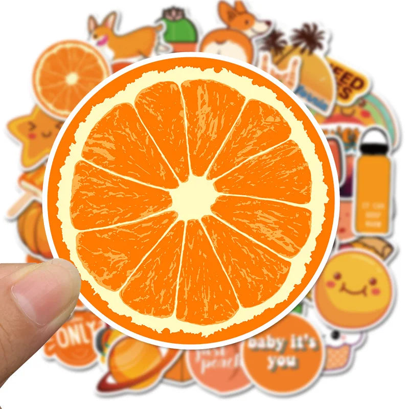 50PCS of fresh orange cartoon series fruit decorative style graffiti stickers, personalized, fashionable, creative and trendy DIY exquisite decorative decal cups, helmets, skateboards and popular sticker toys