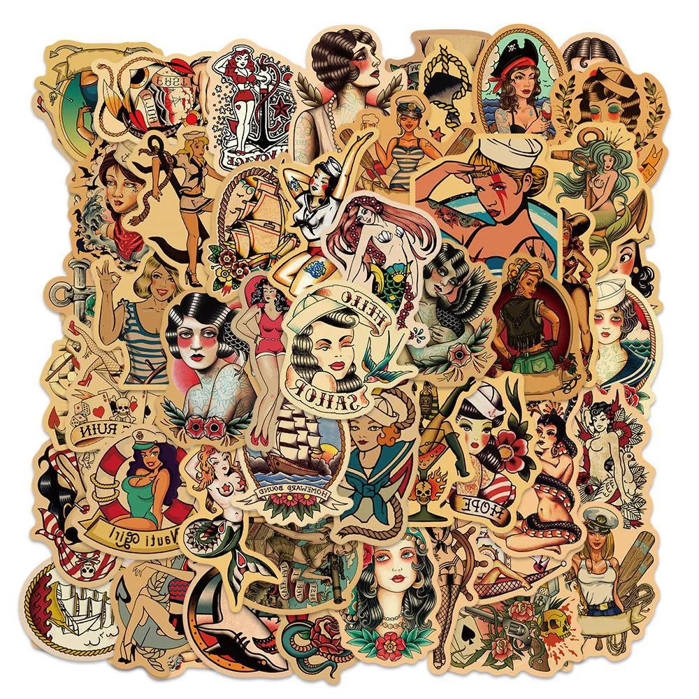 50PCS Retro Style Graffiti Beauty Personality Luggage Stickers Guitar Luggage Waterproof Stickers
