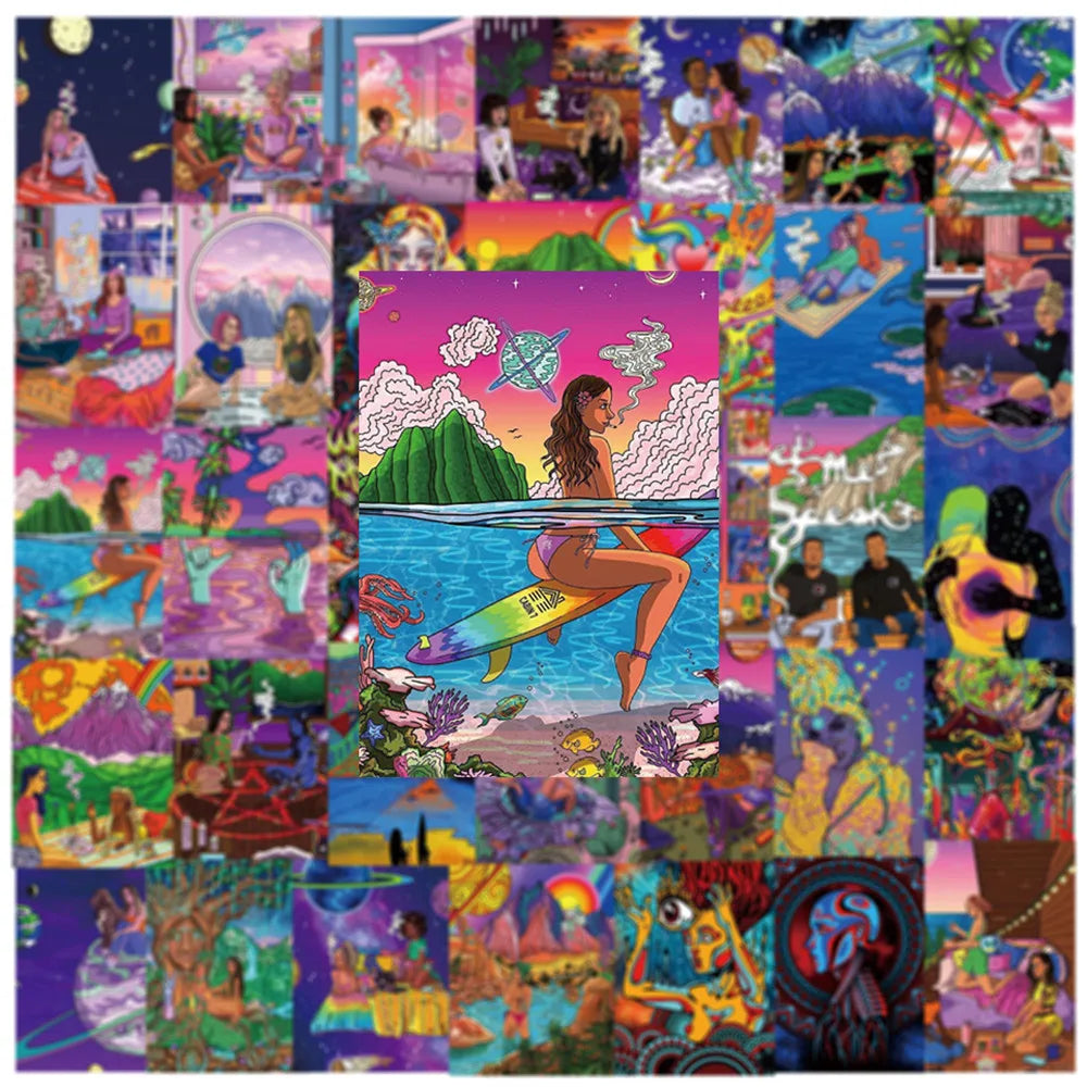 50 pieces of cartoon animation art oil painting cards, character decorative style graffiti stickers, personalized, fashionable, creative and trendy DIY exquisite decorative decal cups, helmets, skateboard popular sticker toys