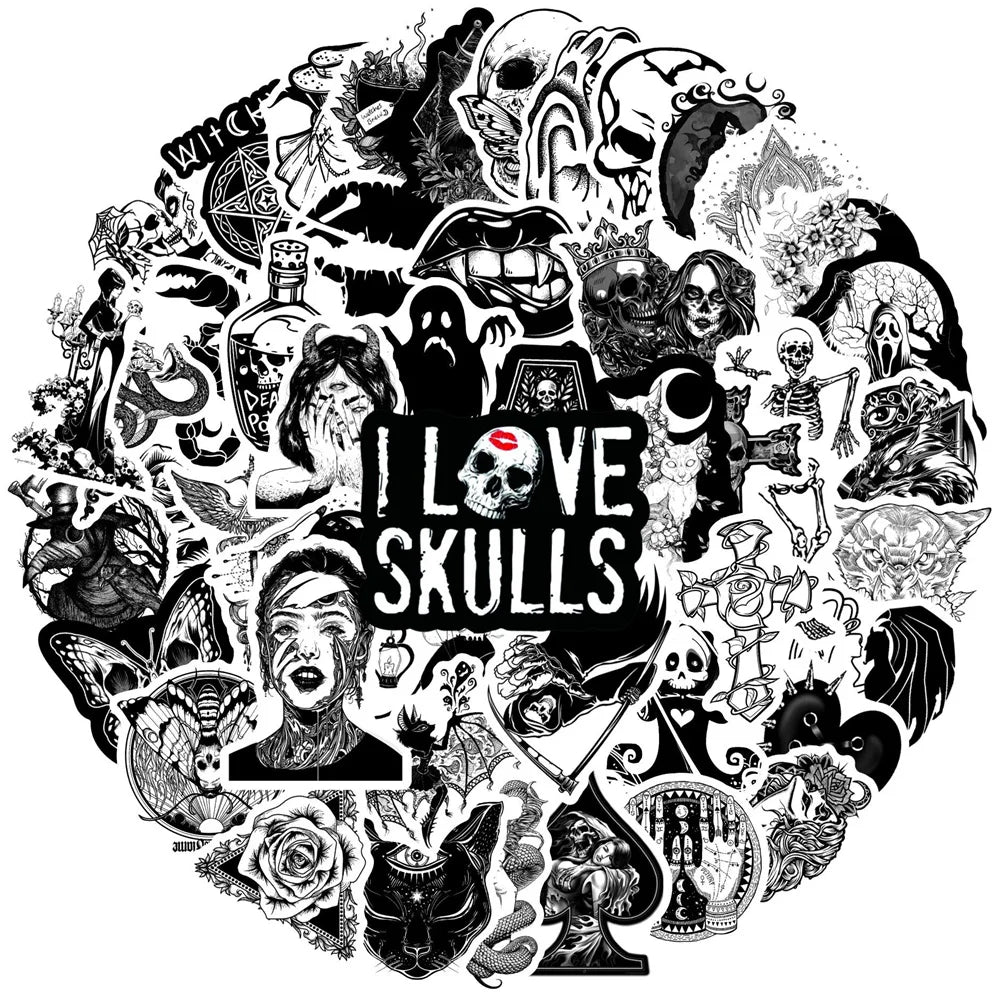 50PCS Black and White Devil Gothic Graffiti Waterproof Sticker Suitcase Notebook Skateboard Refrigerator WaterCup