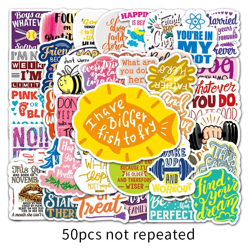 50 pieces of inspiring English motto doodle stickers, personalized DIY luggage, laptop, car and motorcycle decoration stickers, toys