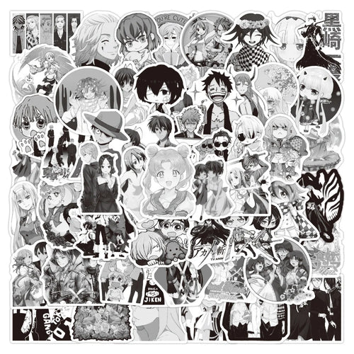 50PCS New Mixed Black and White Anime Graffiti Stickers Waterproof Notebook Scooter Water Cup Luggage Stickers