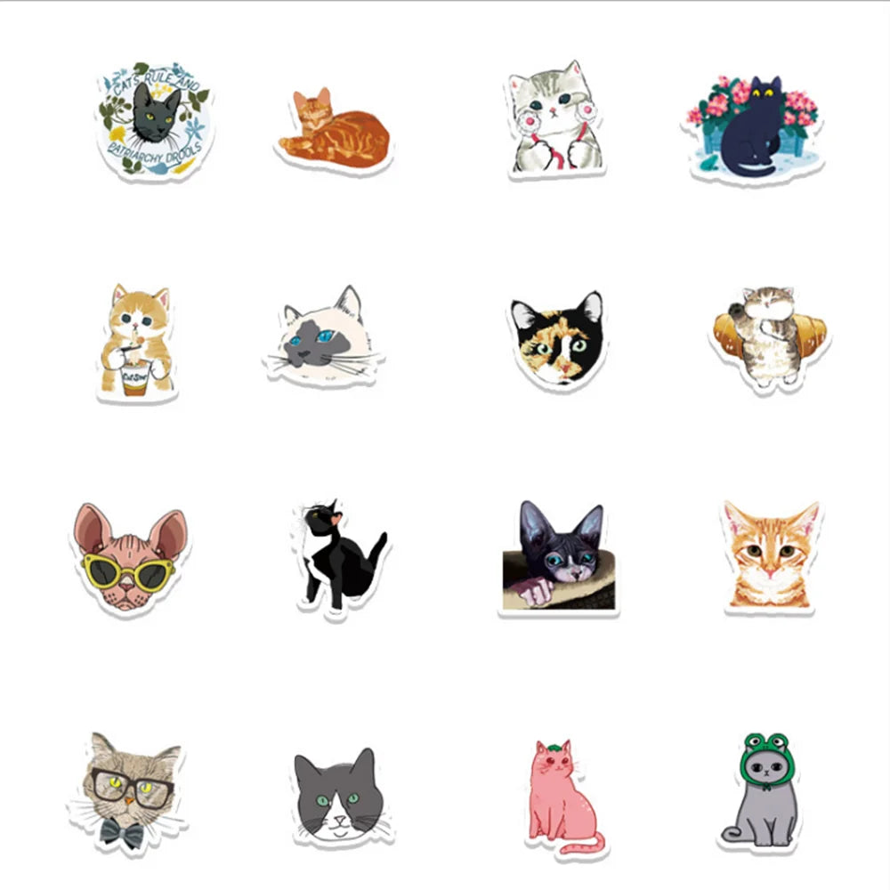 50 pieces of cute cartoon kitten graffiti stickers, suitable for hand account decoration, luggage, computer, skateboard, graffiti, waterproof sticker toys