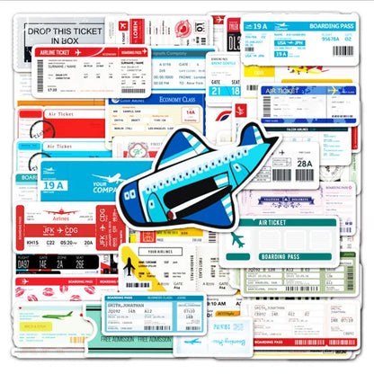 52PCS Boarding Pass Ticket Sticker Luggage Scooter Car Cartoon Graffiti Locomotive Decoration Toy