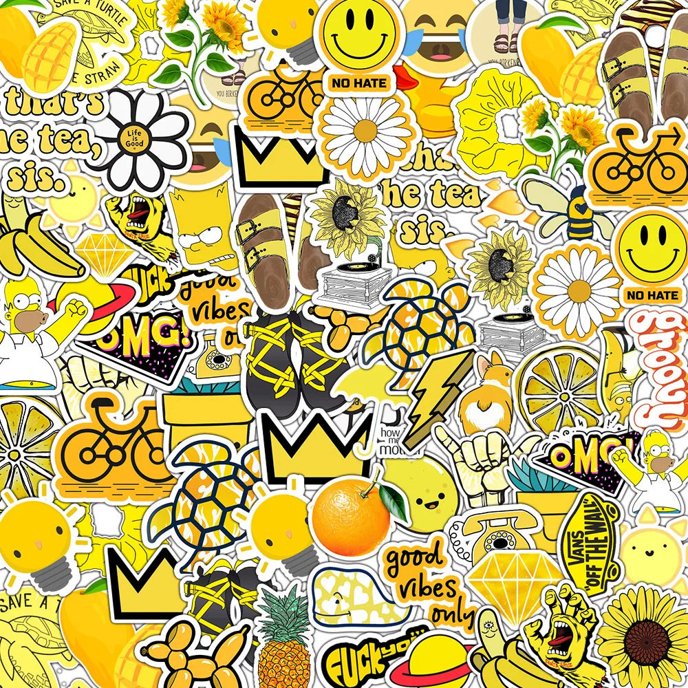 50PCS cartoon yellow series fresh and cute bee decorative style graffiti stickers, personalized fashion and creative trend DIY exquisite decorative decal cups, helmets, skateboard popular sticker toys