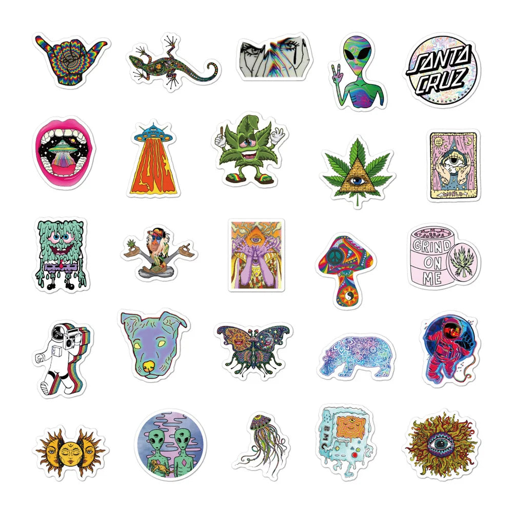50pcs Cartoon Psychedelic College Stickers Makeup Art Doodle Lace Skateboard Guitar DIY Sticker Toy