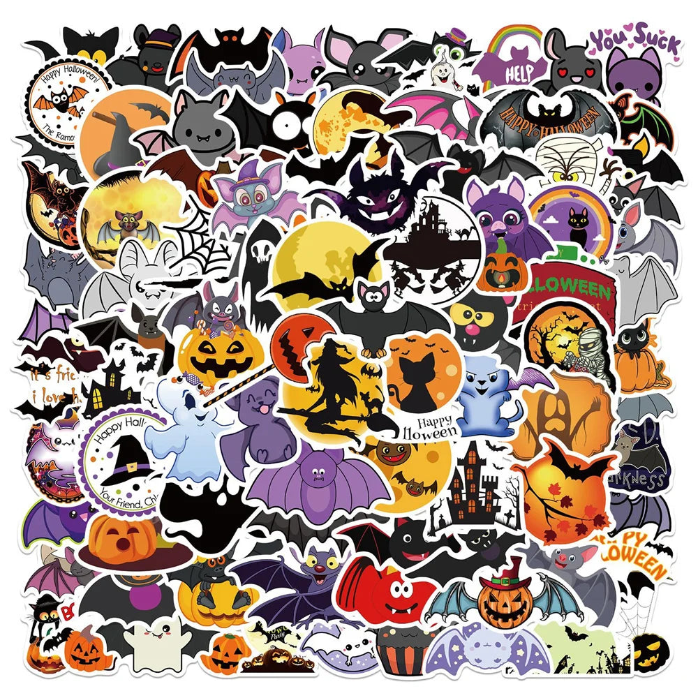 50PCS Sheet Art Illustration Popular Creative Cartoon Halloween Bat Ghost Decoration Style Graffiti Stickers Personality Fashion Creative Trend DIY Exquisite Decorative Decals for Cups, Helmets, Skateboards Popular Stickers Toys