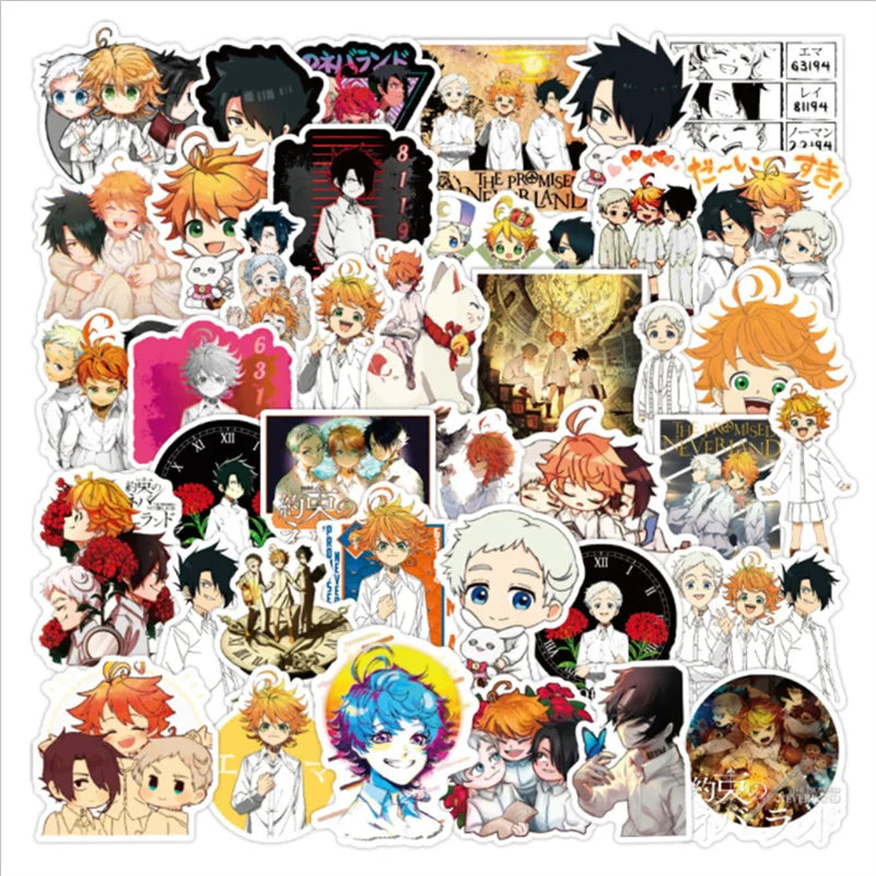50PCS New Anime Promise Neverland Laptop Luggage Skateboard Helmet Guitar Waterproof Graffiti Decoration Toy