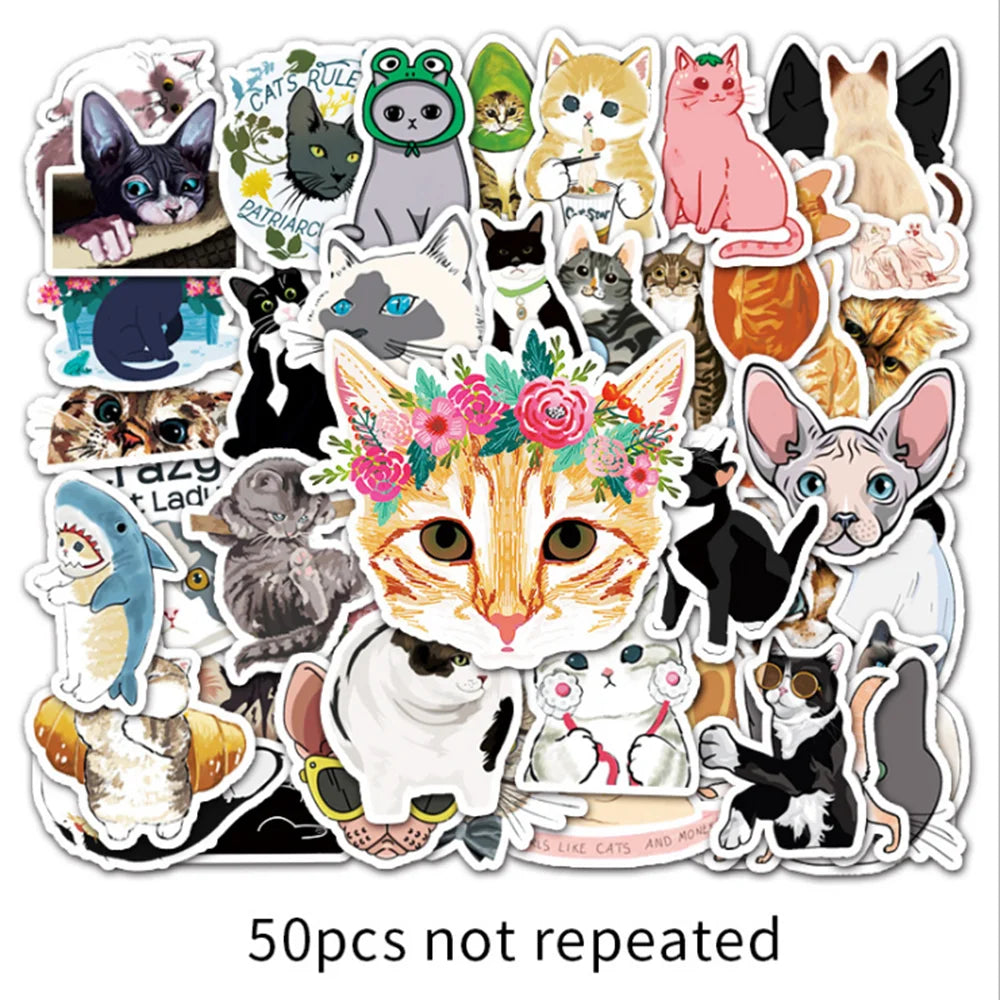 50 pieces of cute cartoon kitten graffiti stickers, suitable for hand account decoration, luggage, computer, skateboard, graffiti, waterproof sticker toys