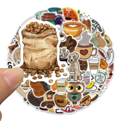 50PCS cartoon animation animal coffee art decorative style graffiti stickers, personalized fashion and creative trend DIY exquisite decorative decal cups, helmets, skateboard popular sticker toys