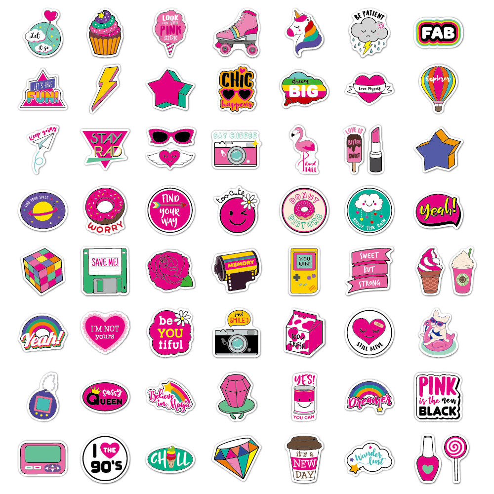 60PCS Pink Cartoon Girl Heart Notebook Trolley Case Bike Scooter Waterproof Graffiti Gift Toy Sticker
