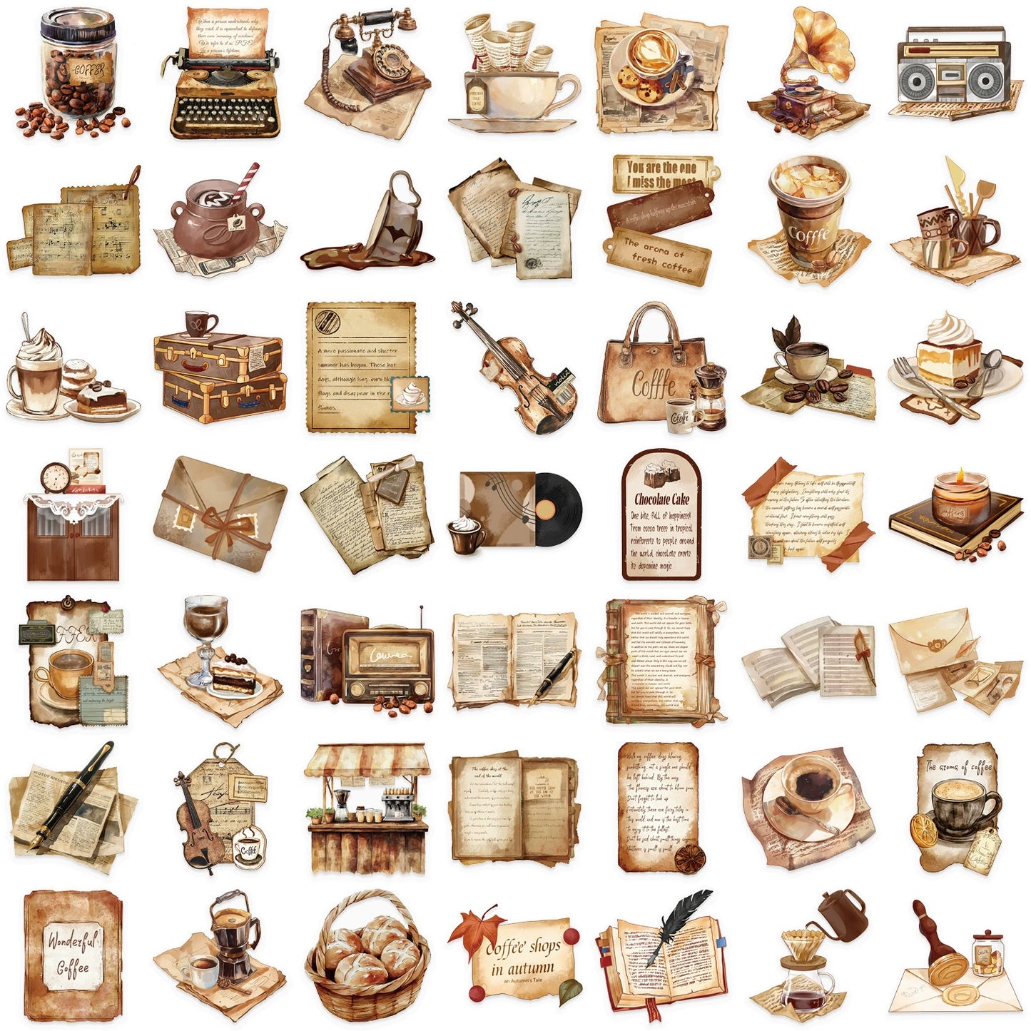 50PCS Cartoon Retro Café Graffiti Stickers for Phone Cases, Luggage, Computers, Stationery Boxes, and Beautiful Handmade Notebooks