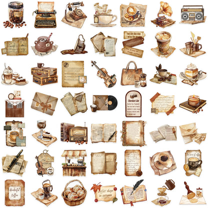 50PCS Cartoon Retro Café Graffiti Stickers for Phone Cases, Luggage, Computers, Stationery Boxes, and Beautiful Handmade Notebooks