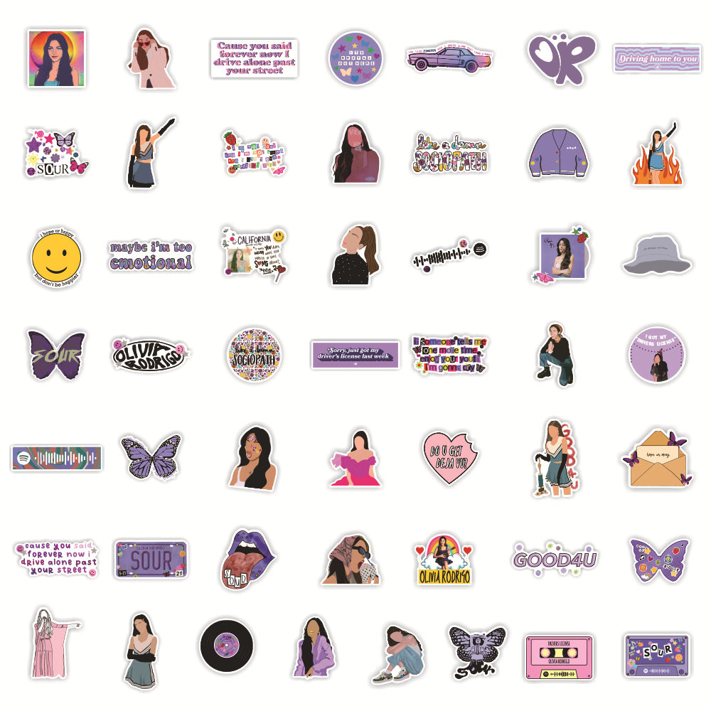 50PCS Hot Singer Olivia Rodrigo Sour Purple Line Pattern Design Graffiti Phone Case Scrapbook Skateboard Stickers