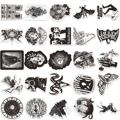 50PCS Black and White Punk Style Gothic Graffiti Trolley Scooter Refrigerator Water Cup Waterproof Sticker