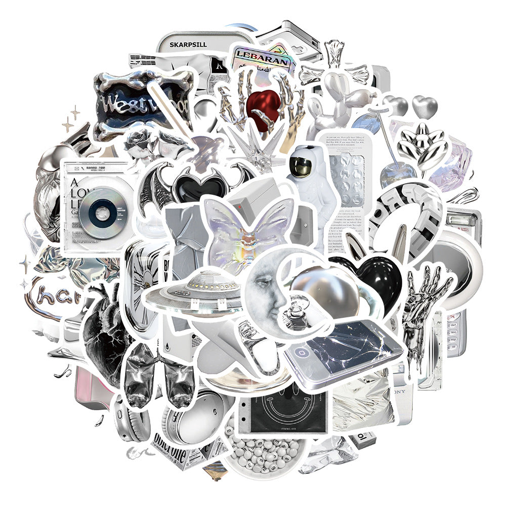 65PCS Ins Minimalist Cartoon Silver Fresh Doodle Stickers Exquisite Creative DIY Journal Decorative Decals Suitable for Water Bottles, Helmets, Guitars, Skateboards, and Stationery Boxes