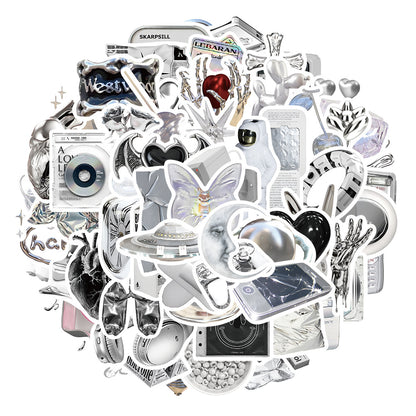 65PCS Ins Minimalist Cartoon Silver Fresh Doodle Stickers Exquisite Creative DIY Journal Decorative Decals Suitable for Water Bottles, Helmets, Guitars, Skateboards, and Stationery Boxes