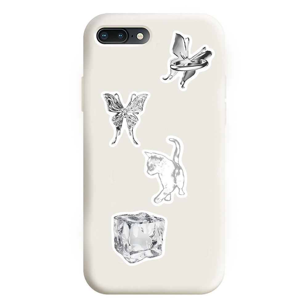 65PCS Ins Minimalist Cartoon Silver Fresh Doodle Stickers Exquisite Creative DIY Journal Decorative Decals Suitable for Water Bottles, Helmets, Guitars, Skateboards, and Stationery Boxes