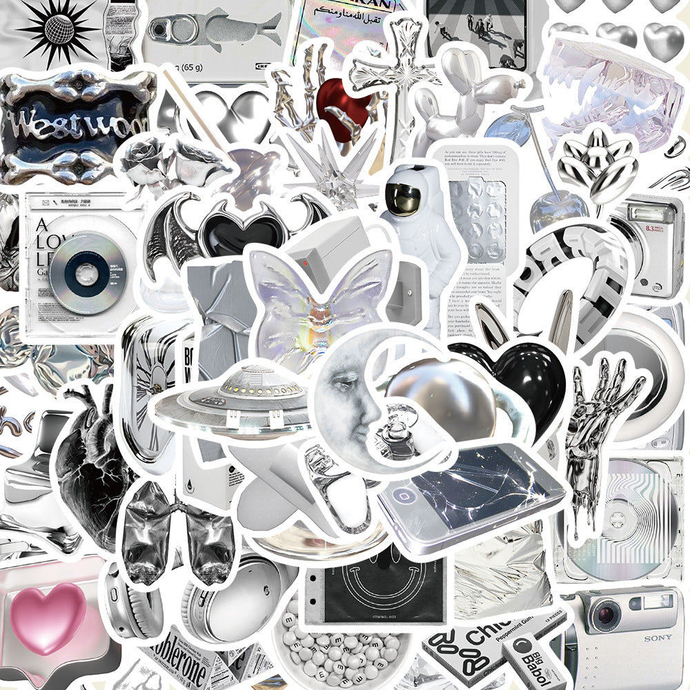 65PCS Ins Minimalist Cartoon Silver Fresh Doodle Stickers Exquisite Creative DIY Journal Decorative Decals Suitable for Water Bottles, Helmets, Guitars, Skateboards, and Stationery Boxes