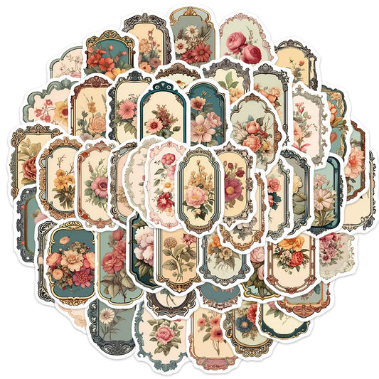 50PCS Vintage Floral Mirror Graffiti Stickers Exquisite Creative Decorative Stickers for Notebooks Suitable for Guitars, Laptops, Luggage, and Stationery Cases