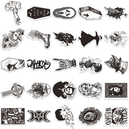 50PCS Black and White Punk Style Gothic Graffiti Trolley Scooter Refrigerator Water Cup Waterproof Sticker