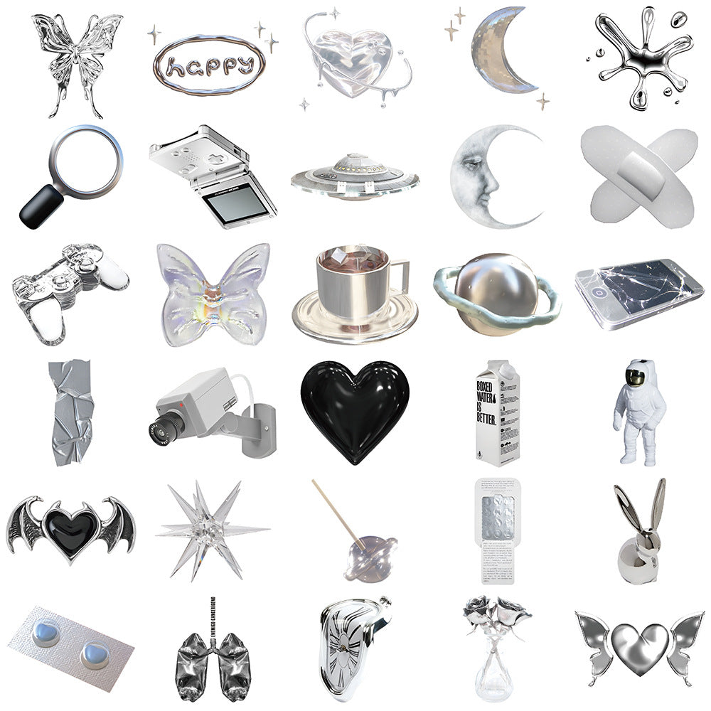 65PCS Ins Minimalist Cartoon Silver Fresh Doodle Stickers Exquisite Creative DIY Journal Decorative Decals Suitable for Water Bottles, Helmets, Guitars, Skateboards, and Stationery Boxes