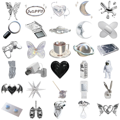 65PCS Ins Minimalist Cartoon Silver Fresh Doodle Stickers Exquisite Creative DIY Journal Decorative Decals Suitable for Water Bottles, Helmets, Guitars, Skateboards, and Stationery Boxes