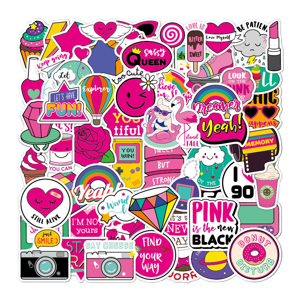 60PCS Pink Cartoon Girl Heart Notebook Trolley Case Bike Scooter Waterproof Graffiti Gift Toy Sticker