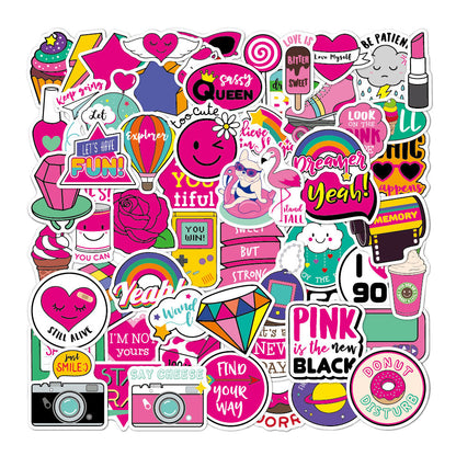 60PCS Pink Cartoon Girl Heart Notebook Trolley Case Bike Scooter Waterproof Graffiti Gift Toy Sticker