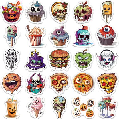 50PCS Cartoon Halloween Pumpkin Skull Spooky Doodle Stickers Exquisite Creative DIY Journal Decorative Decals Suitable for Computer Desks, Chairs, Skateboards, Pencil Cases, and Table Surfaces