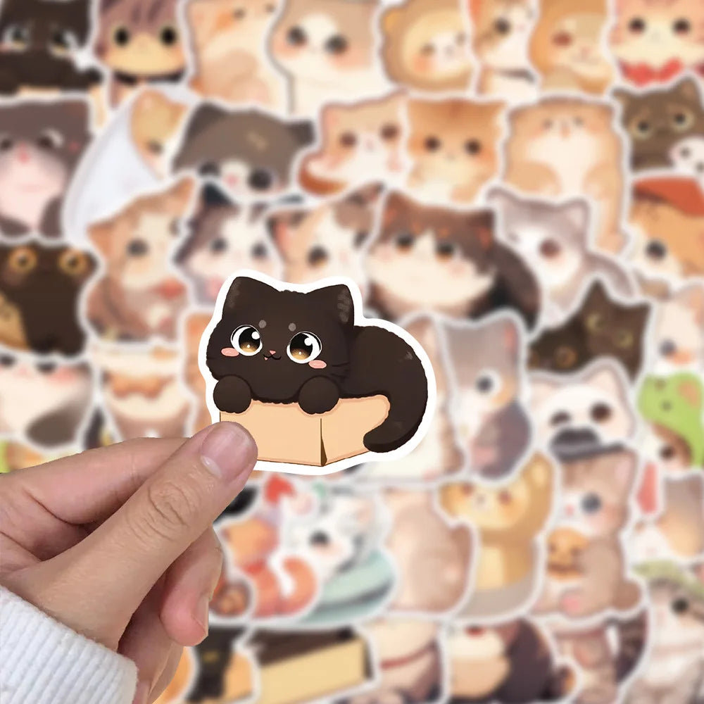 50PCS Cute Cartoon Cat Animal Doodle Stickers Exquisite Fashionable DIY Decorative Stickers for Notebooks Perfect for Suitcases, Laptops, Guitars, Chairs, Helmets, and Stationery Boxes