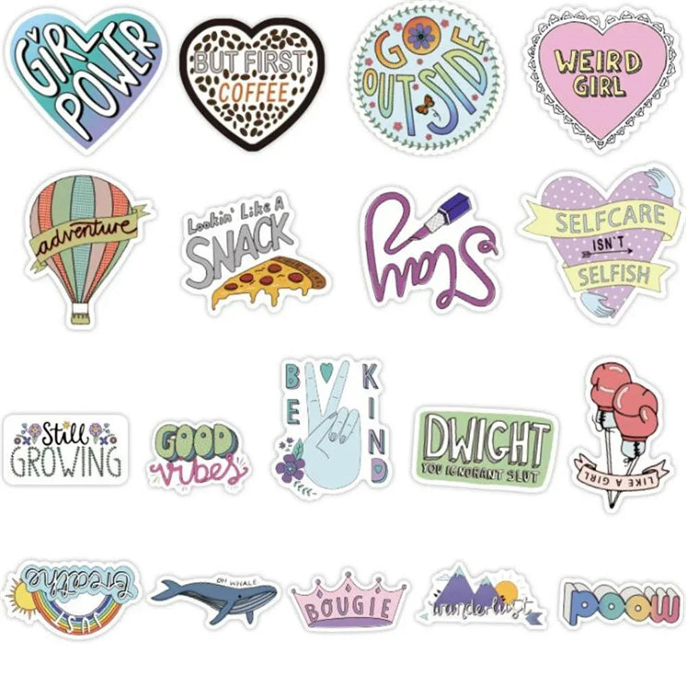50PCS  Cartoon Small Fresh Letters Notebook Graffiti Suitcase Skateboard Decoration Waterproof Stickers Cup  Guitar
