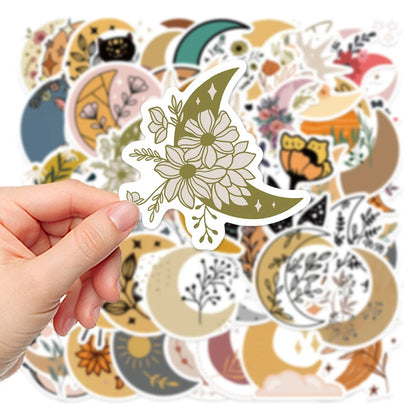 50PCS of cartoon moon and flower fresh graffiti stickers, personalized, fashionable and creative DIY decorative stickers, toys, laptops, ipads, guitars, helmets, refrigerators, and popular stickers
