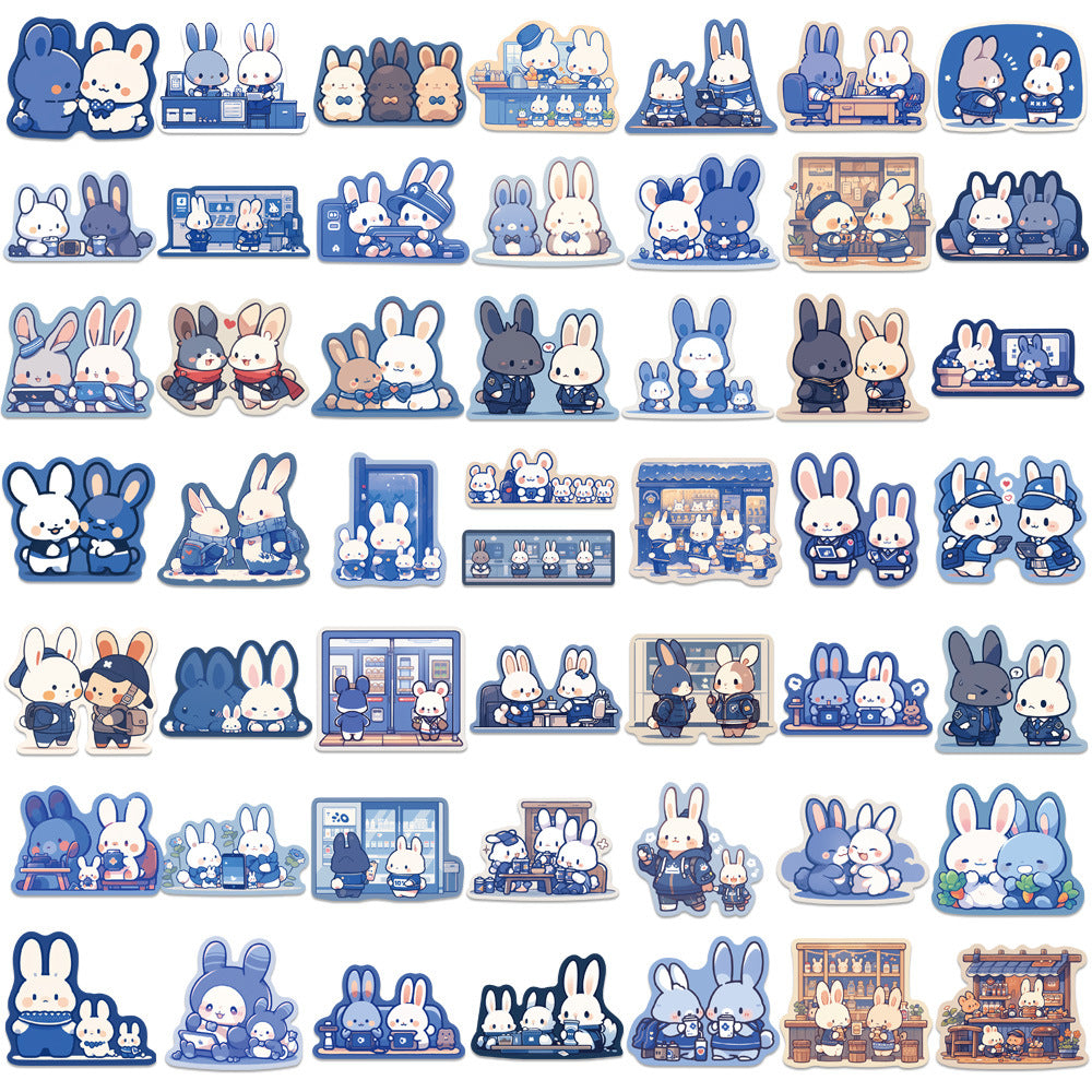 50PCS Blue Bunny Doodle Stickers, Serene Cartoon Rabbit Decals for Calm Vibes, Journals, and Kawaii Collections