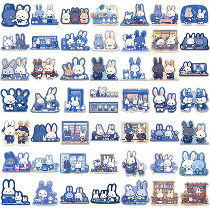 50PCS Blue Bunny Doodle Stickers, Serene Cartoon Rabbit Decals for Calm Vibes, Journals, and Kawaii Collections