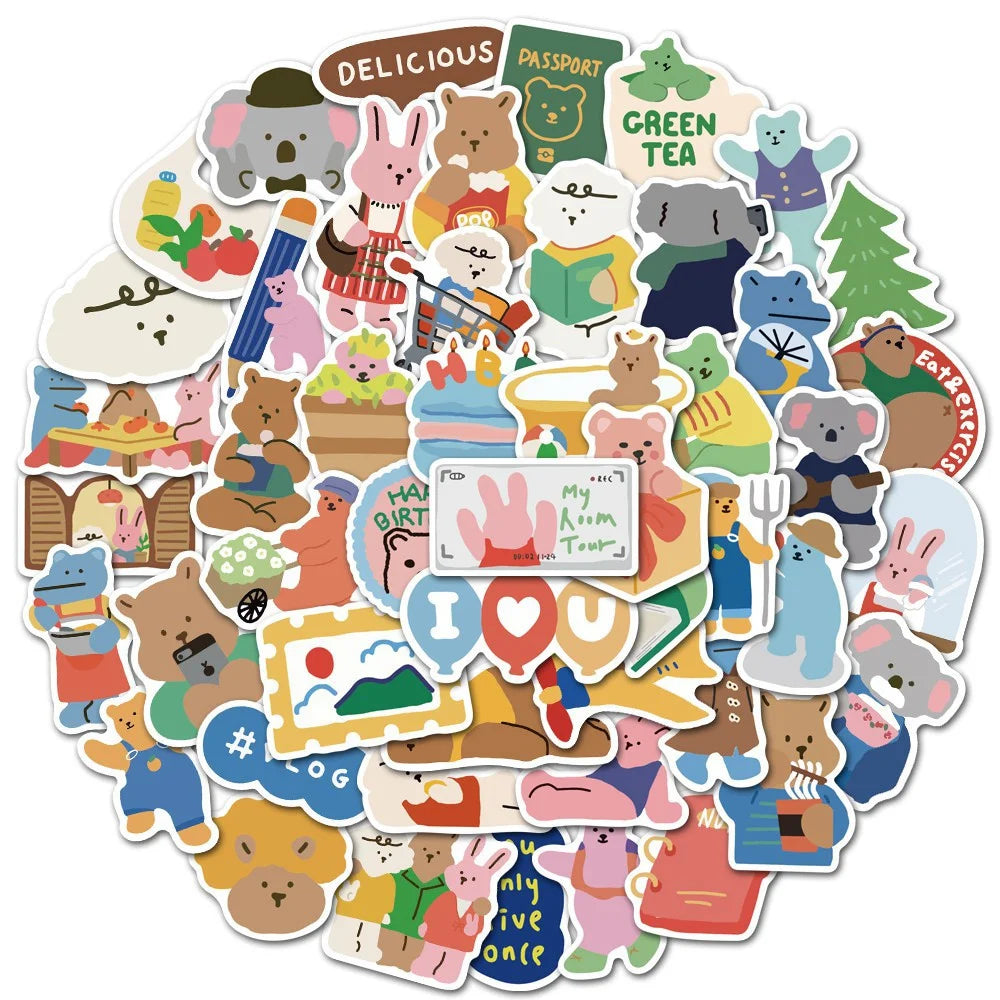 50PCS cartoon Kawa Bear-style graffiti stickers, personalized creative decorative stickers, suitable for refrigerator, skateboard, helmet, guitar, DIY decorative sticker toys