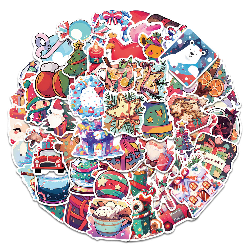 50PCS Christmas Gift Doodle Stickers, Cute Cartoon Holiday Vinyl Decals for Xmas Gifts, Cards, and Festive Decor